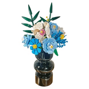 中国积木diy花束小颗粒拼装玩具插花瓶女生系列桌面摆件生日礼物