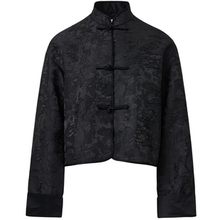 naivee纳薇秋新中式提花对襟盘扣宽松翻边袖小个子外套短上衣女