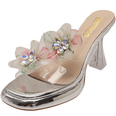 水晶花朵高级感气质透明高跟凉拖