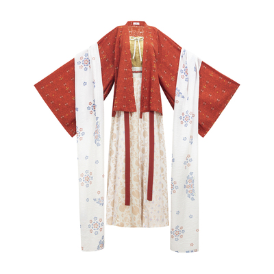 花朝记｜山茶｜晋制汉服褶衣交窬裙吊带披帛天丝红色印花传统日常