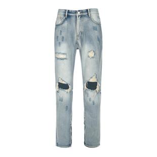 YORAINBOW 春夏水洗做旧复古牛仔裤浅蓝破洞男显瘦美式高街潮宽松