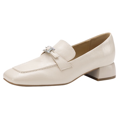 白色乐福鞋女款方头粗高跟单鞋