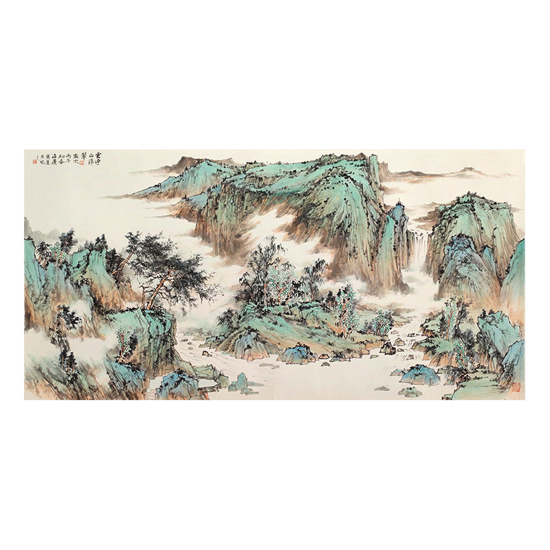 孤品收藏名家手绘青绿山水横幅