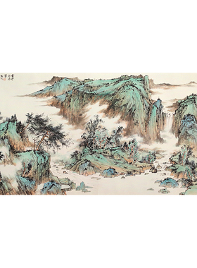 孤品收藏名家手绘青绿山水横幅
