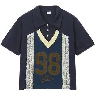 MOUSSY 2026夏季新品美式蕾丝拼接印花polo短袖T恤028JSZ90-1056