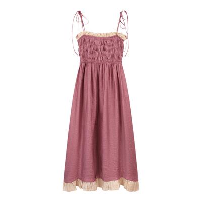 弥古玫红色抹胸吊带连衣裙女夏季收腰法式荷叶边长裙海边度假裙子