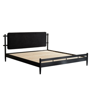 北欧实木双人床主卧1.8米布艺床头可斜靠家用床小户型黑色靠背床