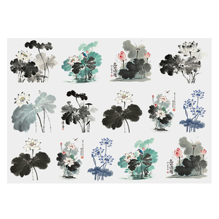 原创防水贴纸荷花花卉水杯贴纸UV透明水晶标转印贴手机壳头盔贴纸