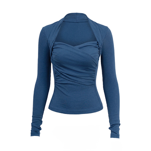 PynkiSwear 孔雀蓝/深花灰莱赛尔假两件交叉V领褶皱针织修身T恤