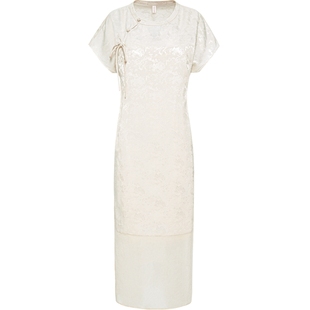 商场同款naivee纳薇新中式斜襟盘扣提花短袖薄H型连衣裙女