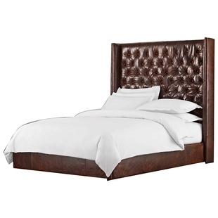 意舍美式复古风真皮床双人1米8主卧高屏婚床工业油蜡皮床储物定制