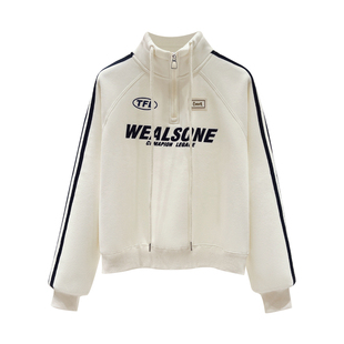 山东即墨立领薄款纯棉卫衣女春秋韩版设计感洋气显瘦半拉链上衣潮