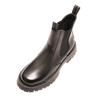 切尔西靴男冬季加绒保暖棉靴英伦风真皮套脚短靴子全黑高帮马丁靴