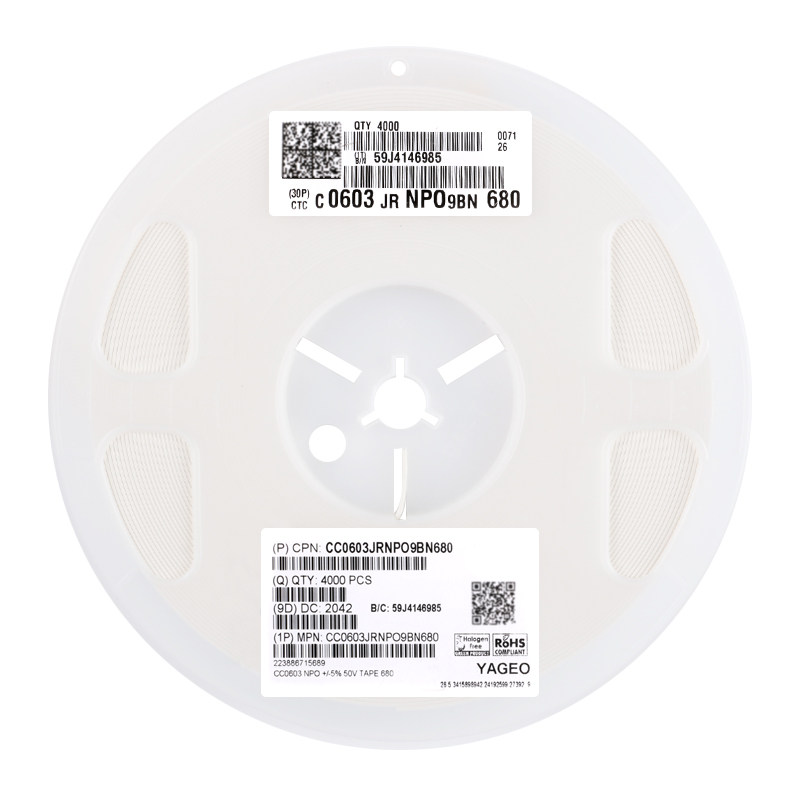 原装 0603贴片电容 68pF(680) ±5% 50V NP0 CC0603JRNPO9BN680