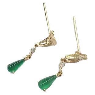 新款S925纯银纯玉水滴耳坠高级轻奢华丽复古流行耳钉耳饰绿蛋面款