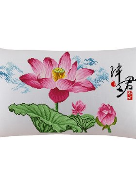 花卉系列长方形十字绣抱枕荷花伴君莲之梦客厅沙发汽车靠垫自己绣
