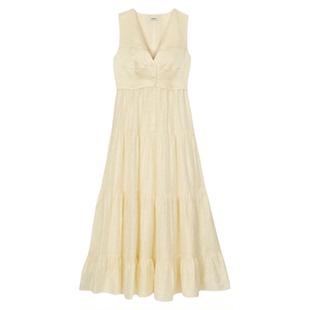 SANDRO2025春夏女装时尚气质黄色马甲式拼接假两件蛋糕长裙连衣裙