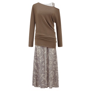 【徐若晗同款】ODTD秋季新款腰果花撞色真两件抽褶斜肩连衣裙女