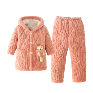 冬季儿童三层夹棉加绒加厚珊瑚绒睡衣男童女童宝宝亲子家居服套装