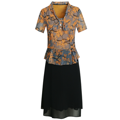 妈妈装夏装时尚短袖假两件连衣裙