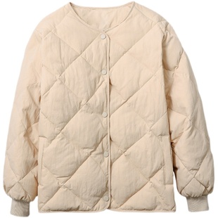 保镖鹅轻薄款羽绒服女短款2024冬季韩版无领内胆菱格宽松外套长袖