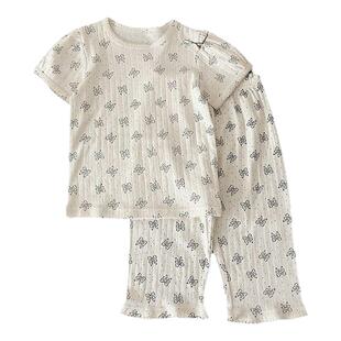 女童睡衣夏季套装短袖七分裤宝宝纯棉薄款夏天衣服女童夏装空调服