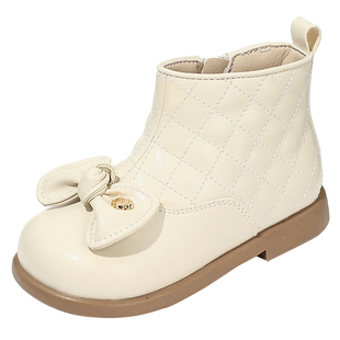 思加图童鞋女童冬季加绒短靴儿童宝宝公主靴小女孩蝴蝶结时装皮靴