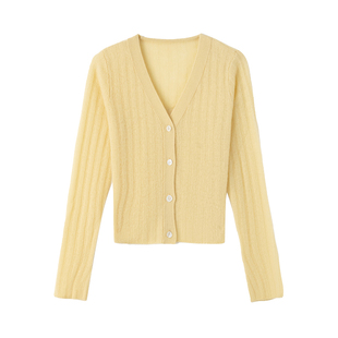 春竹2026早春新款100%羊绒V领合体宽坑条扣子长袖女士针织开衫