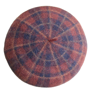 复古红色格子贝雷帽洋气时髦女士羊毛蓓蕾帽日系文艺画家帽子保暖