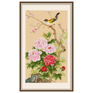 春天十字绣2026新款线绣中式竖版玄关国色颂春花鸟图手工自己绣画