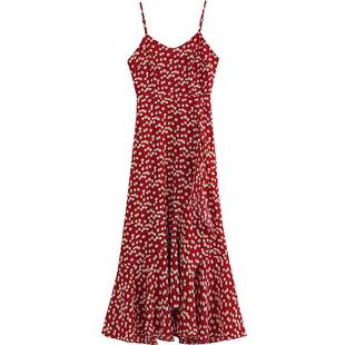 弥古红色碎花连衣裙法式雪纺吊带裙女夏季裙子海边度假沙滩裙长裙