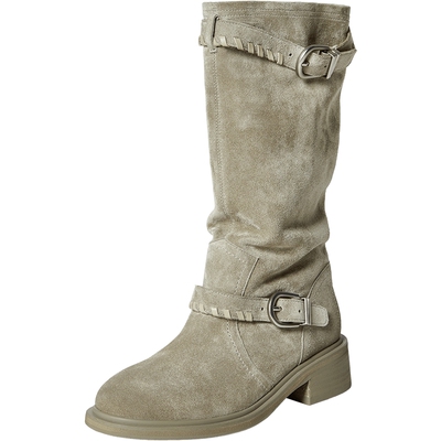 真美诗牛绒皮带扣堆堆靴西部靴