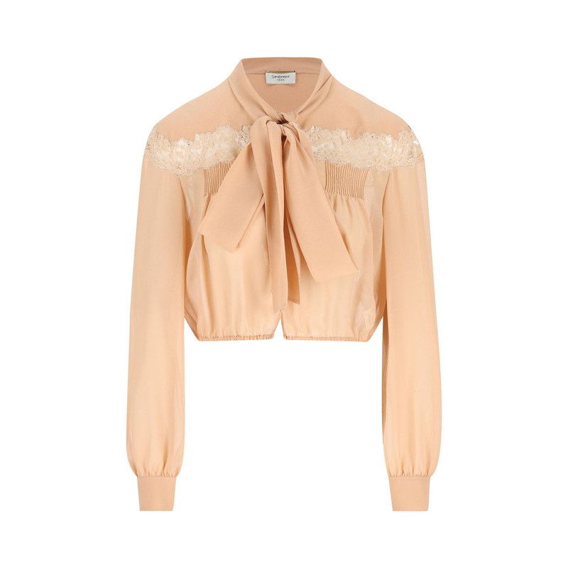 SAINT LAURENT 圣罗兰YSL 女士蝴蝶结蕾丝衬衫26早春新意大利代购