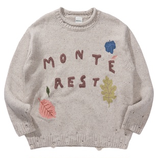 瞬时山野Monterest复古做旧破洞圆领手勾刺绣毛衣针织衫慵懒风女
