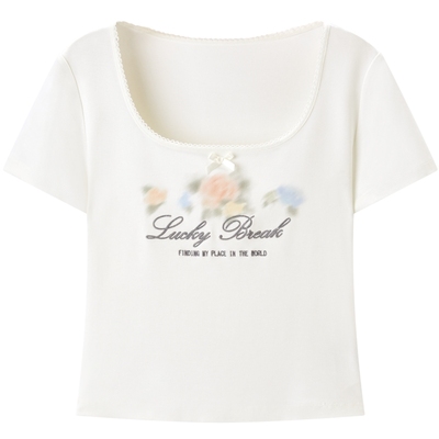 乐町2024夏季新款U领晕染小版辣妹短袖T恤C1CNE2402