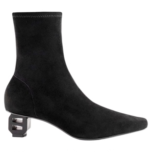 heelz设计师手工鞋履 ｜H灯笼跟弹力羊翻毛皮瘦瘦靴4.5公分