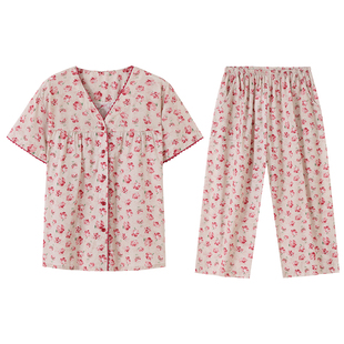 梭织棉纱布睡衣女夏季纯棉短袖七分裤薄款夏天全棉妈妈家居服套装