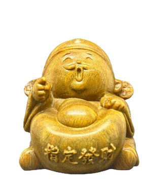 天然绿檀木精雕指定发财桌面摆件