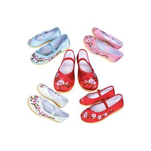 儿童汉服绣花鞋手工碎花平底古装鞋宫廷绣花鞋圆口布鞋刺绣长筒靴