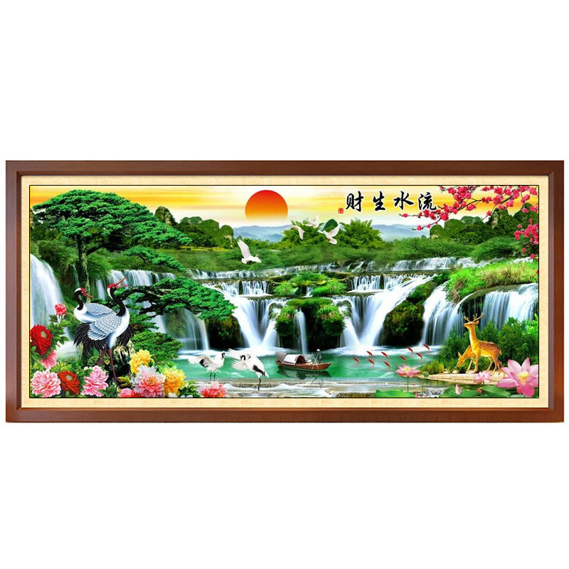KS色系新款客厅大幅山水风景迎客松流水生财满绣仙鹤九鱼图十字绣