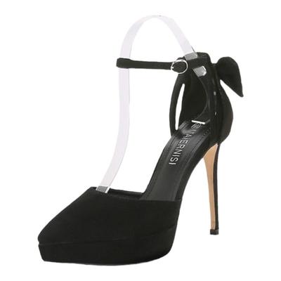 防水台蝴蝶结细跟一字带凉鞋尖头