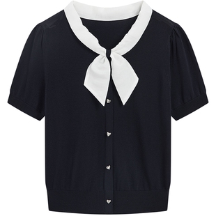 KBNE学院风海军蓝蝴蝶结领冰丝针织衫女2026夏季新款短袖宽松上衣
