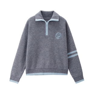 [史努比联名]佐丹奴针织衫女刺绣撞色翻领宽松半拉链毛衣18355712