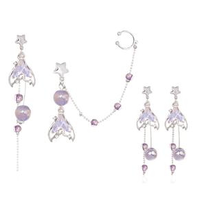 IPINK原创浪漫紫色鱼尾不对称设计ab款耳环耳夹无耳洞耳骨夹夏天