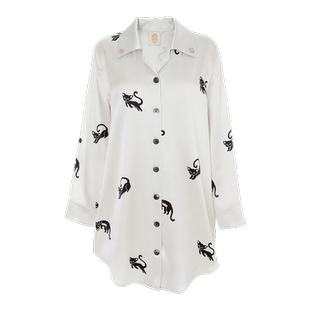 BEAST野兽派百伶百俐小黑猫印花22姆米真丝衬衫睡裙生日新婚礼物