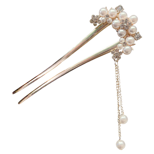 新中式珍珠流苏U型发簪女2026新款高端步摇盘发簪子丸子头饰发钗