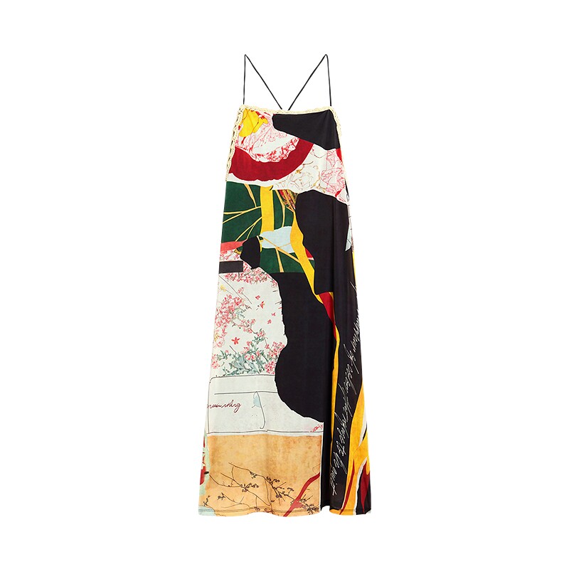 Desigual26秋冬新品复古拼贴花卉镂空绑带露背细吊带长款连衣裙