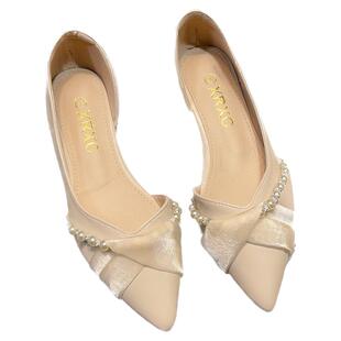 小香风尖头单鞋女平跟2025新款时尚珍珠侧空女鞋温柔平底法式瓢鞋