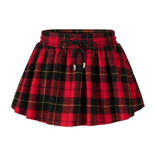 HERLIAN2025年秋季新品女士腰部抽绳设计黑红格纹裙裤