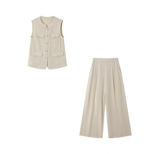 XWI欣未含亚麻工装风马甲套装女夏季旅游度假风巨好看穿搭一整套